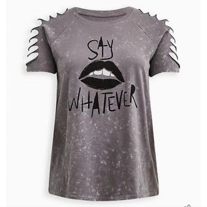 Torrid LoveSick Slashed Sleeve Tee - Cotton Grey Wash Say Whatever Top